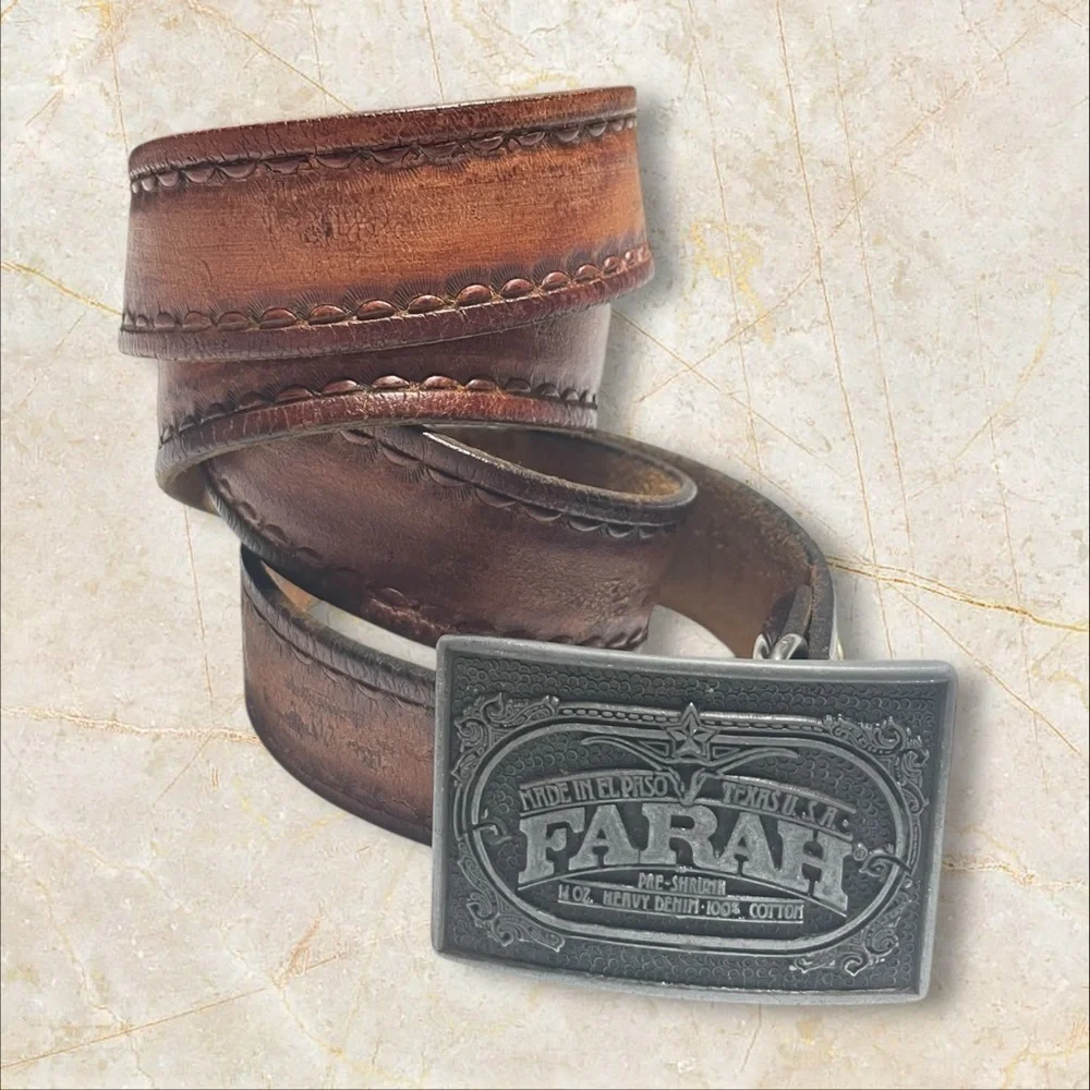 VTG 1970s Farah Denim Jeans Belt and Buckle SilverTone Metal El Paso Texas
